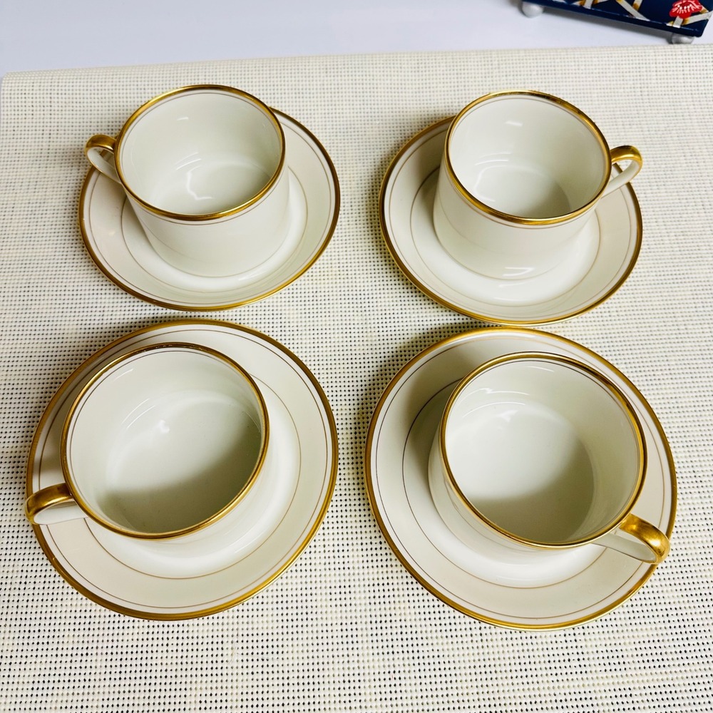 Fitz and Floyd Palais Pattern Gold White Flat teacup & saucer 4 Pairs Vintage